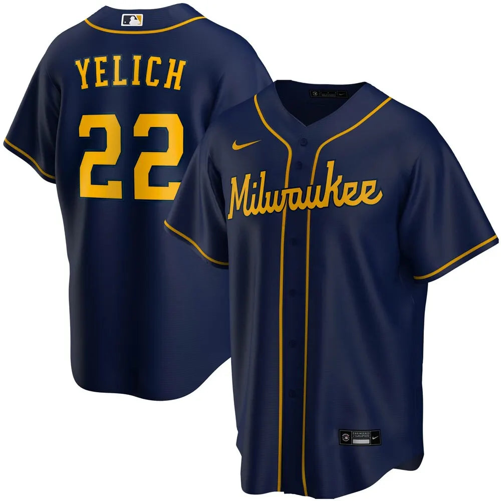 nike mlb Yelich Brewers Navy Jersey